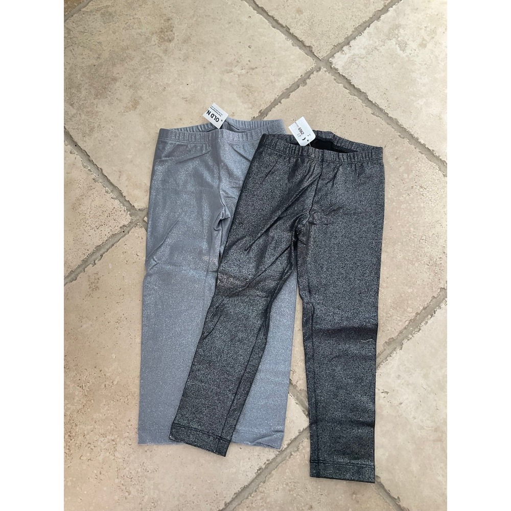 New Girls 3T Old Navy Leggings Lot 2PK Metallic Silver Black Full Length 280159